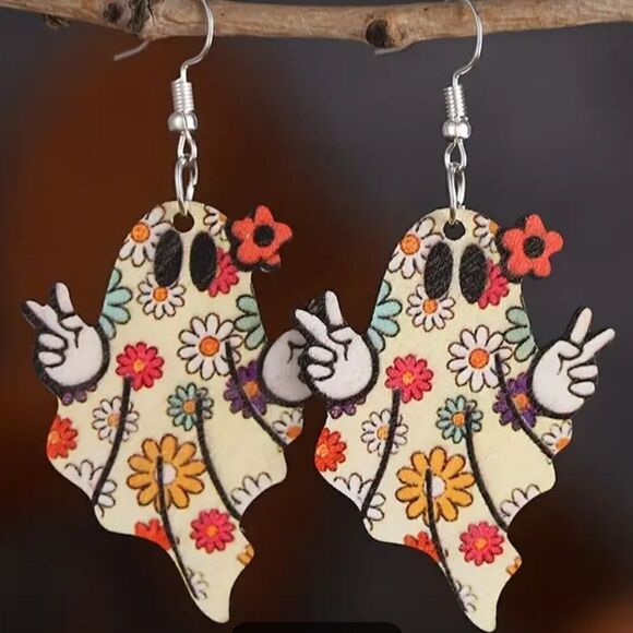Groovy Hippie Halloween Flower Ghost Earrings 👻 - Picture 2 of 3